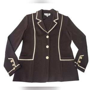 St. John Collection Brown Knit Blazer Jacket Contrast Trim Wool Rayon NWT